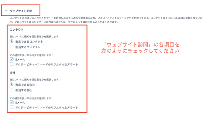 通知ページの「Eメール」の「ウェブサイト訪問」で項目をチェックする